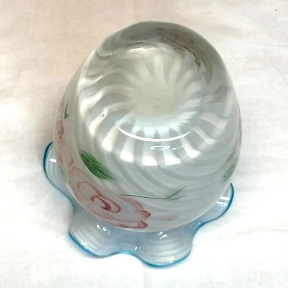 Fenton Teleflora Aqua Crest Hand Painted Cased Glass Swirl Ruffled Small Vase